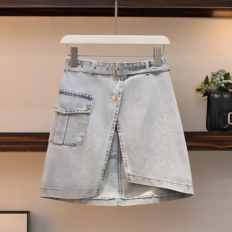 Stripe Long T-Shirt Belted Denim Skirt Set