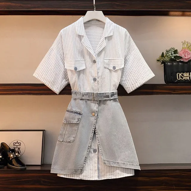 Stripe Long T-Shirt Belted Denim Skirt Set