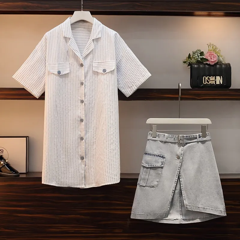 Stripe Long T-Shirt Belted Denim Skirt Set