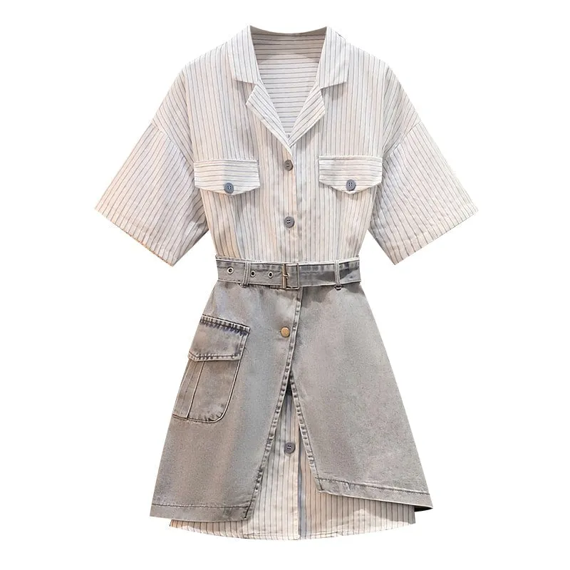 Stripe Long T-Shirt Belted Denim Skirt Set