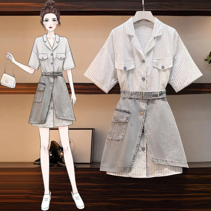 Stripe Long T-Shirt Belted Denim Skirt Set