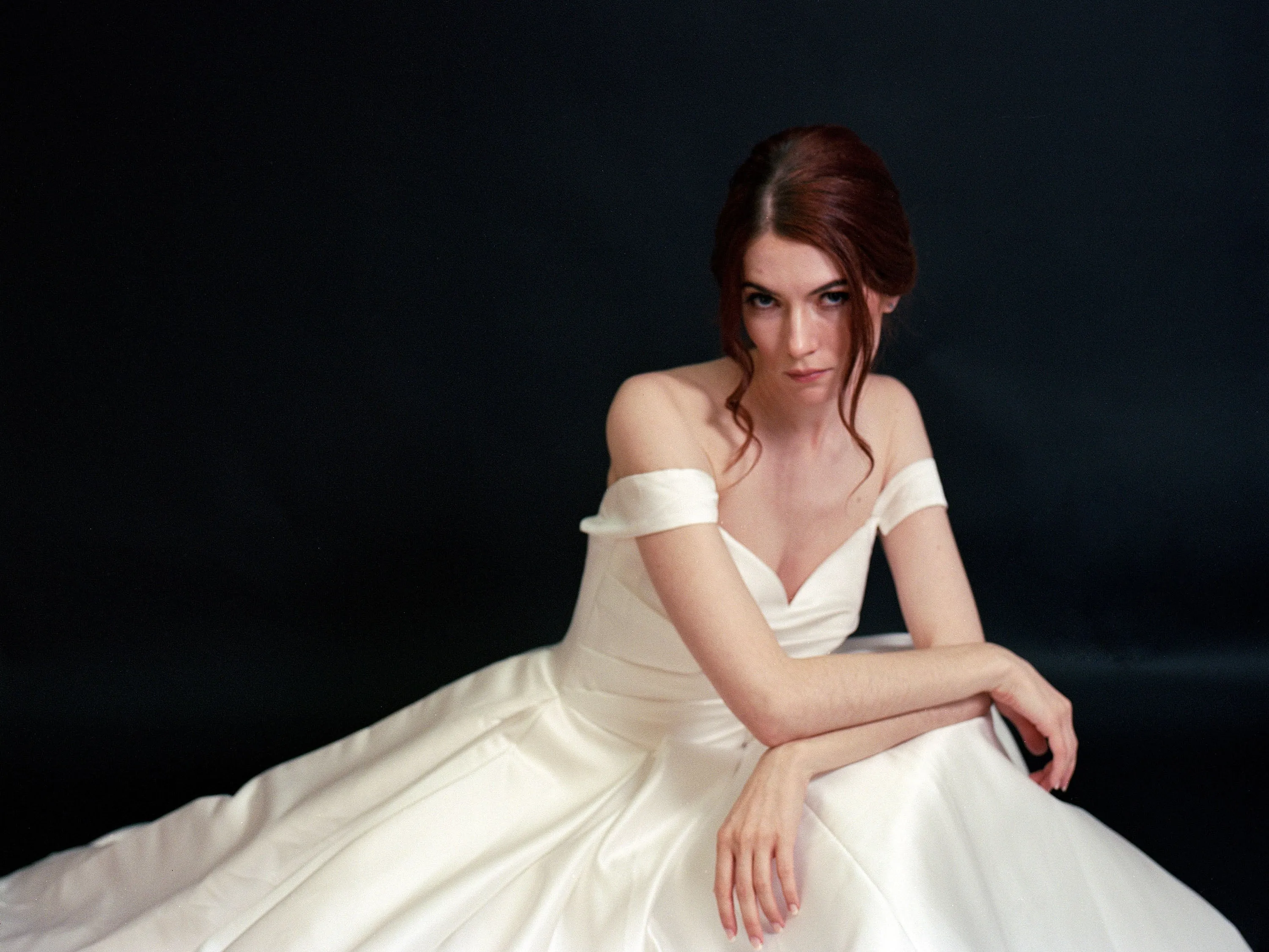 Style D2406 - Lux Satin off-the-shoulder Pleated Bodice Elegant A-line gown