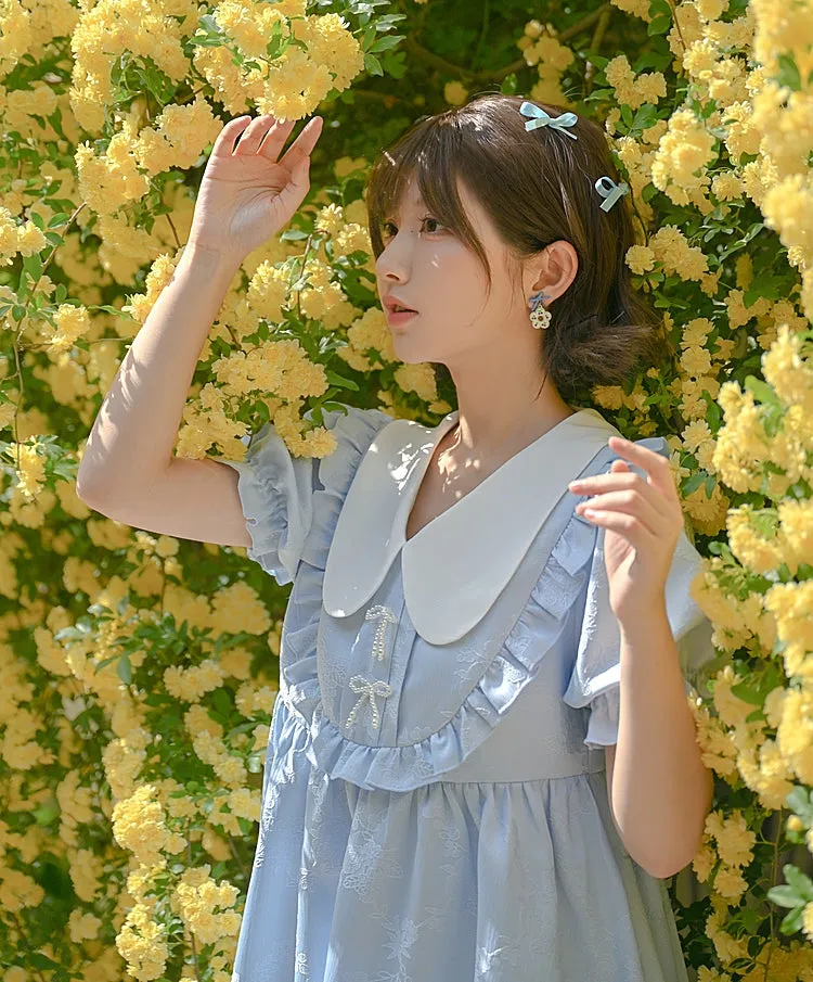 Summer Sweet Blue Puff Sleeve Doll Collar Bud Dress