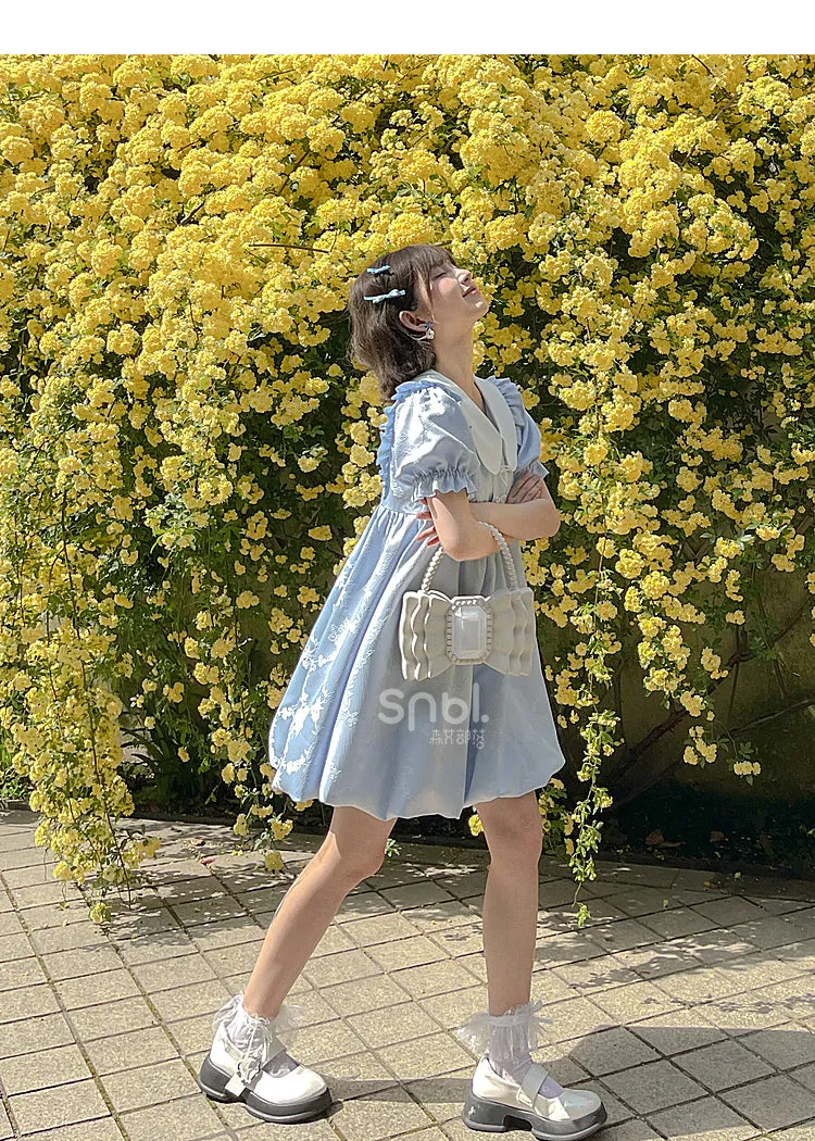 Summer Sweet Blue Puff Sleeve Doll Collar Bud Dress