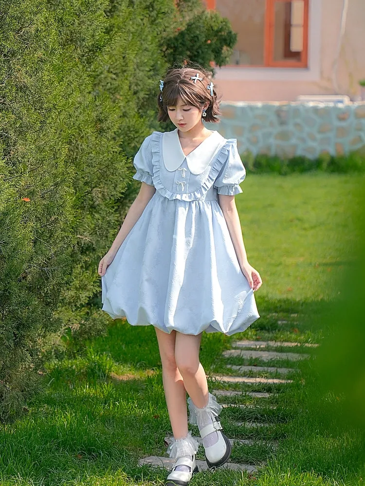 Summer Sweet Blue Puff Sleeve Doll Collar Bud Dress