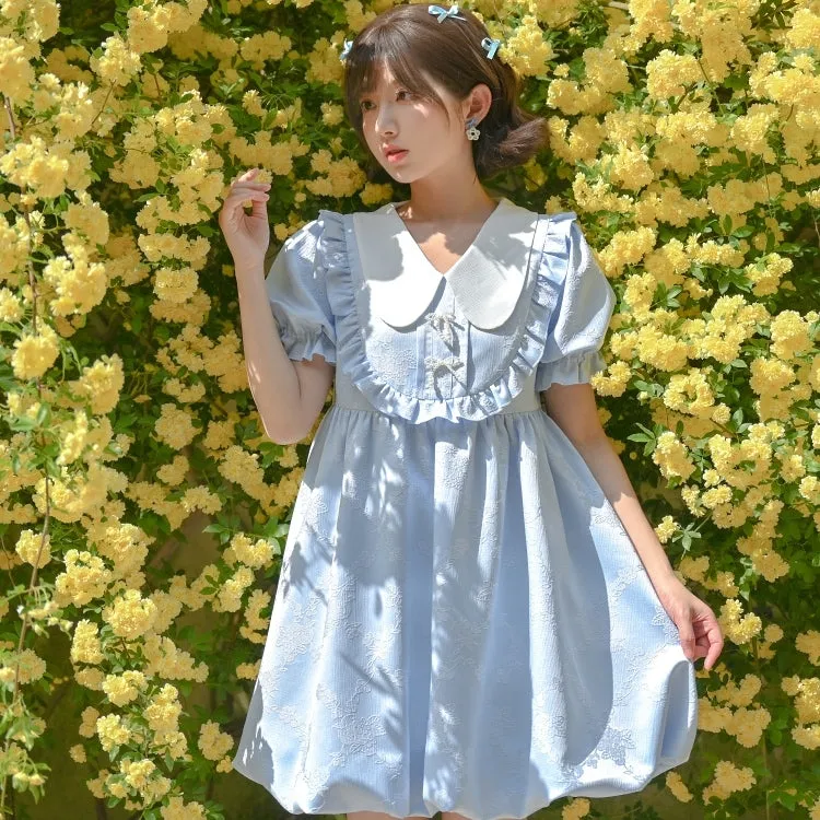 Summer Sweet Blue Puff Sleeve Doll Collar Bud Dress