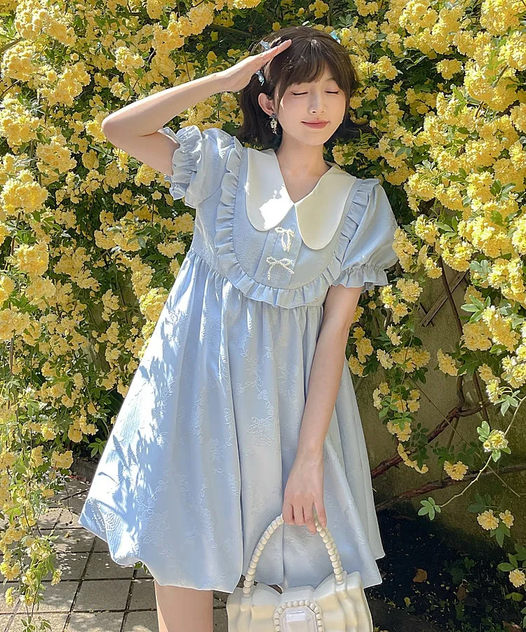 Summer Sweet Blue Puff Sleeve Doll Collar Bud Dress