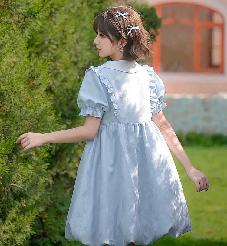 Summer Sweet Blue Puff Sleeve Doll Collar Bud Dress