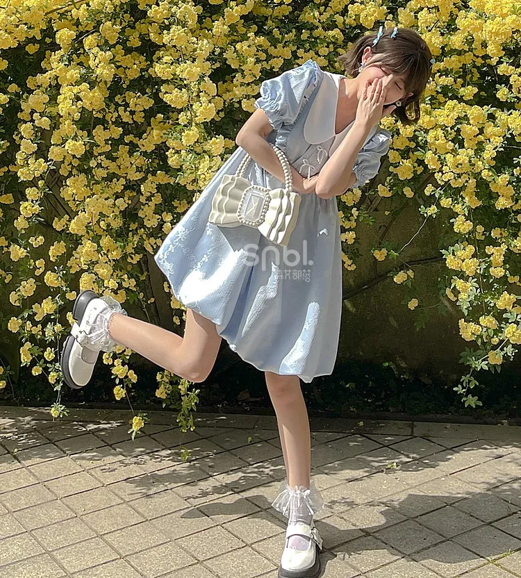 Summer Sweet Blue Puff Sleeve Doll Collar Bud Dress