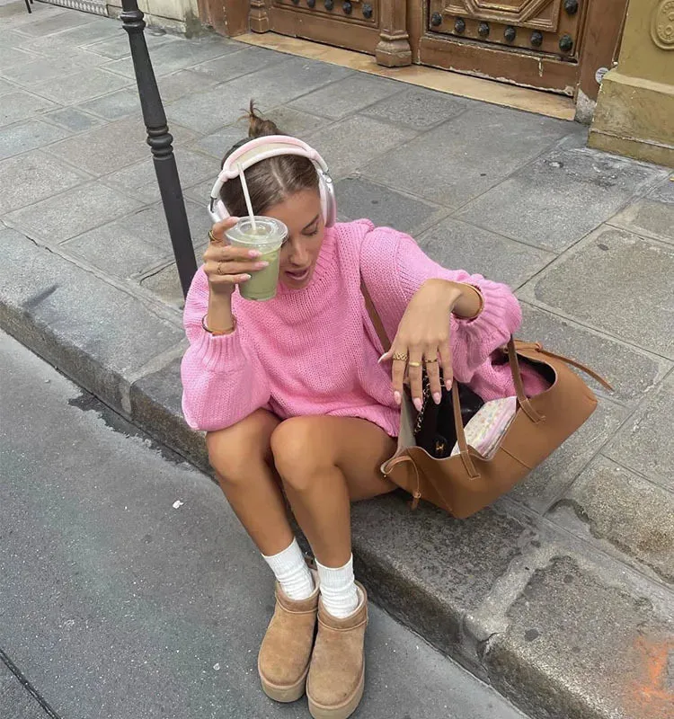 TAVIMART  -  Vestidos De FiestaAutumn And Winter Women'S Pink Lazy Wind Knitted Sweater Female Spice Girls Wear Round Neck Turtleneck Thick S