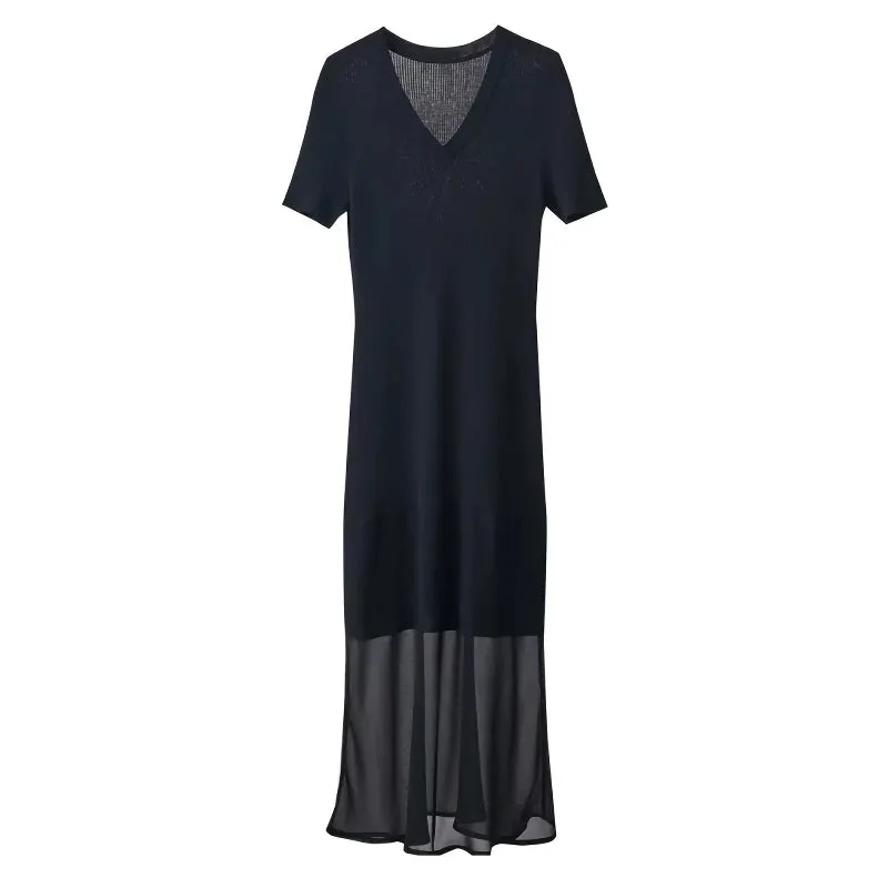V-Neck Knitted Dress with Chiffon Spliced Short Sleeves