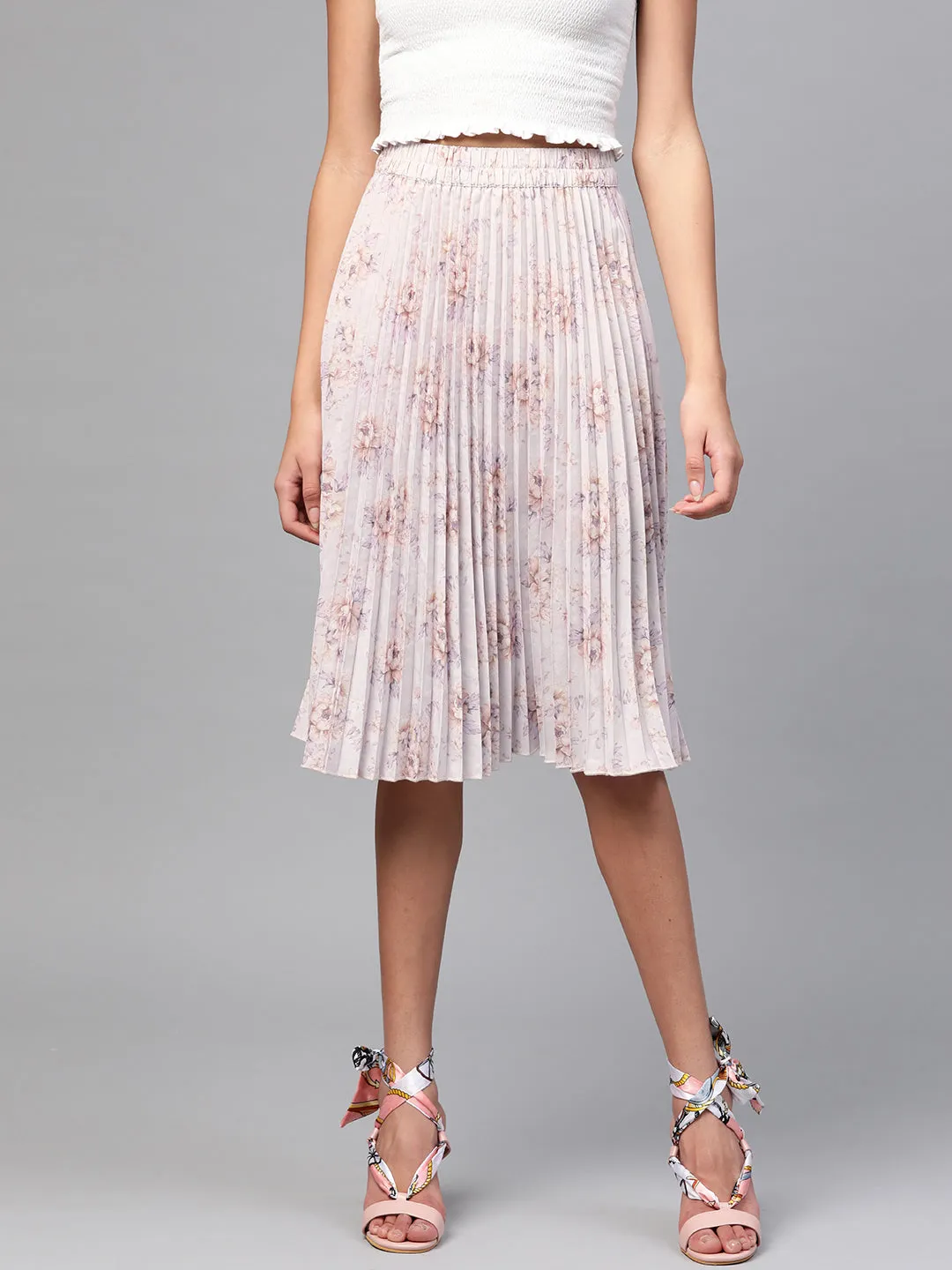 Women Lavender Floral Short Pleated Skirt