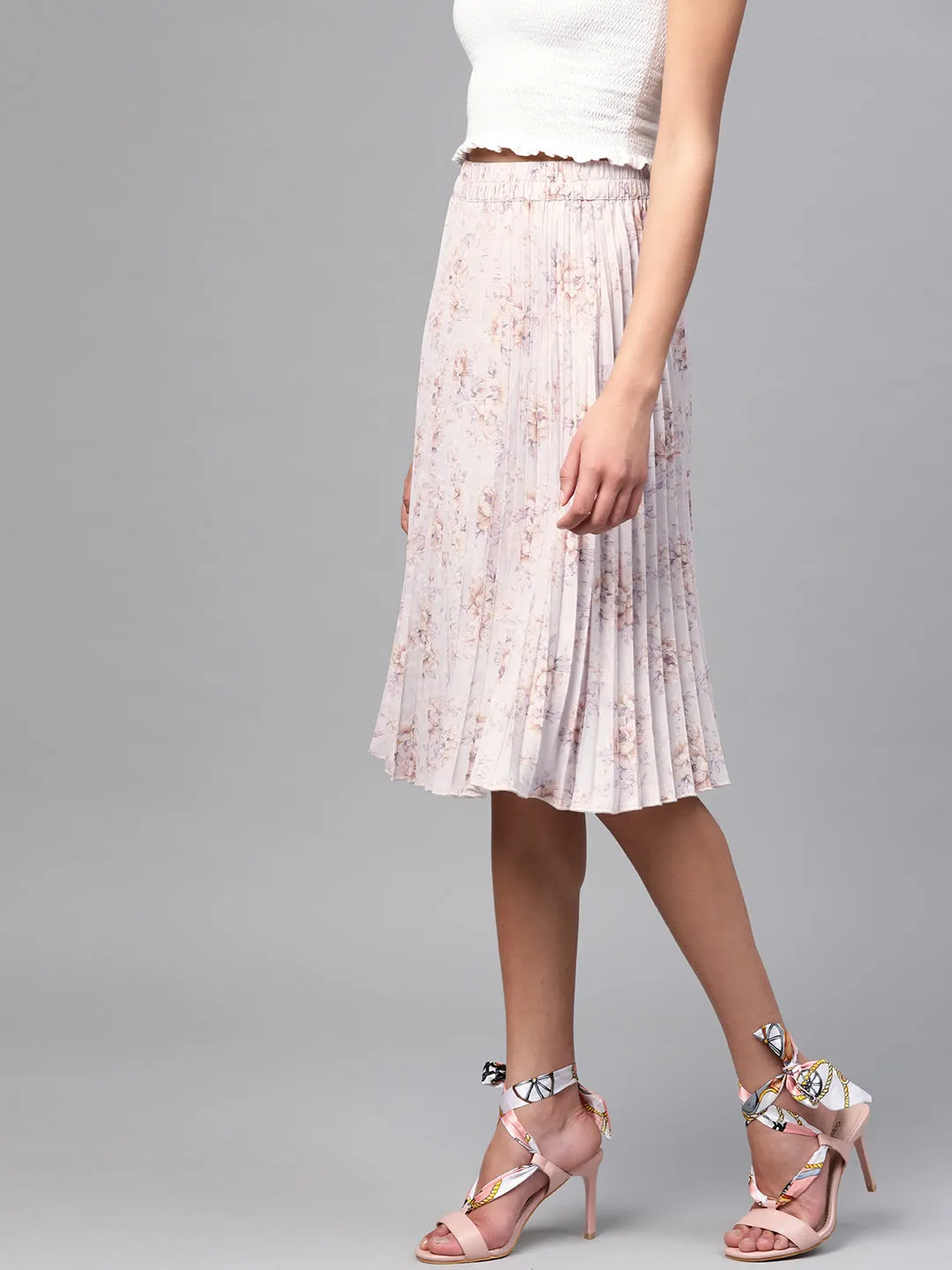 Women Lavender Floral Short Pleated Skirt