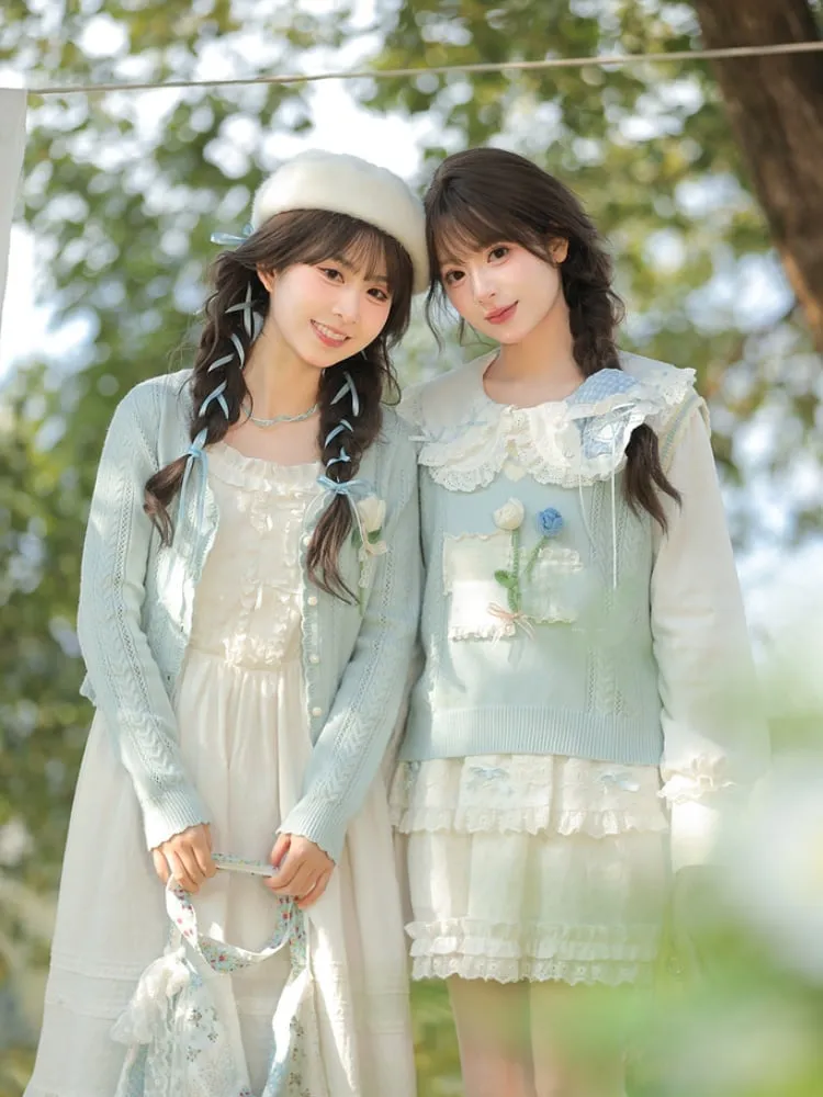 Yume Kawaii Blue Floral Embellishment Knitted Cardigan